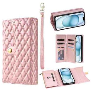 For iPhone 15 Zipper Multi-Card Wallet Rhombic Leather Phone Case(Rose Gold)