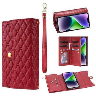 For iPhone 14 Plus Zipper Multi-Card Wallet Rhombic Leather Phone Case(Red)