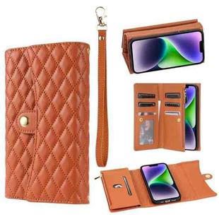 For iPhone 13 Zipper Multi-Card Wallet Rhombic Leather Phone Case(Brown)