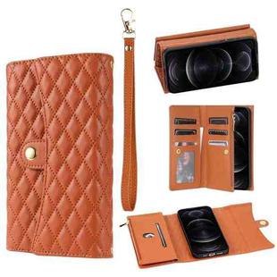 For iPhone 12 / 12 Pro Zipper Multi-Card Wallet Rhombic Leather Phone Case(Brown)