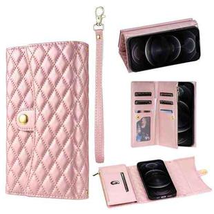 For iPhone 12 Pro Max Zipper Multi-Card Wallet Rhombic Leather Phone Case(Rose Gold)