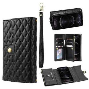 For iPhone 11 Pro Max Zipper Multi-Card Wallet Rhombic Leather Phone Case(Black)