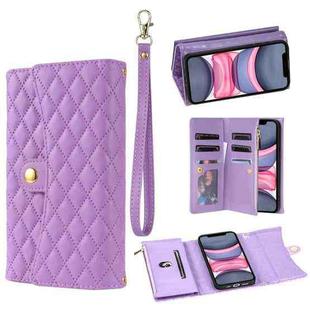 For iPhone 11 Zipper Multi-Card Wallet Rhombic Leather Phone Case(Purple)