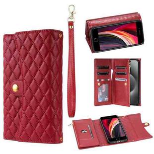 For iPhone 7 / 8 / SE 2022 Zipper Multi-Card Wallet Rhombic Leather Phone Case(Red)