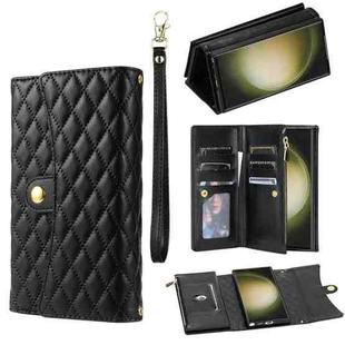 For Samsung Galaxy S22 Ultra 5G Zipper Multi-Card Wallet Rhombic Leather Phone Case(Black)