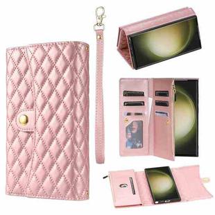 For Samsung Galaxy S22 Ultra 5G Zipper Multi-Card Wallet Rhombic Leather Phone Case(Rose Gold)