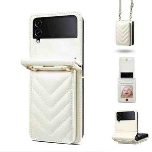 For Samsung Galaxy Z Flip3 Rhombic Folding Leather Phone Case with Long Lanyard(White)