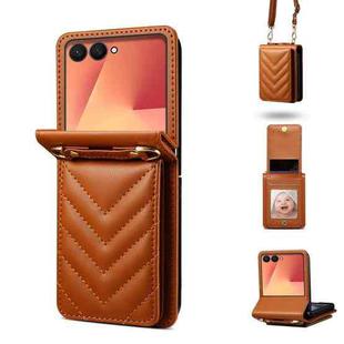 For Samsung Galaxy Z Flip7 5G Rhombic Folding Leather Phone Case with Long Lanyard(Brown)