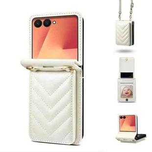 For Samsung Galaxy Z Flip7 5G Rhombic Folding Leather Phone Case with Long Lanyard(White)