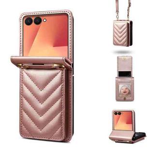For Samsung Galaxy Z Flip7 5G Rhombic Folding Leather Phone Case with Long Lanyard(Rose Gold)