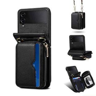 For Samsung Galaxy Z Flip4 Folding Leather Phone Case with Long Lanyard(Black)
