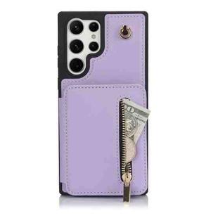 For Samsung Galaxy S24 Ultra 5G YM006 Skin Feel Zipper Card Bag Phone Case with Dual Lanyard(Light Purple)