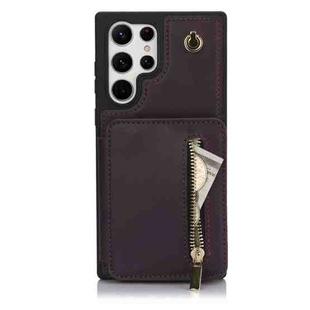 For Samsung Galaxy S24 Ultra 5G YM006 Skin Feel Zipper Card Bag Phone Case with Dual Lanyard(Dark Purple)