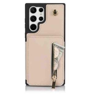 For Samsung Galaxy S24 Ultra 5G YM006 Skin Feel Zipper Card Bag Phone Case with Dual Lanyard(Apricot)