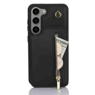 For Samsung Galaxy S23 5G YM006 Skin Feel Zipper Card Bag Phone Case with Dual Lanyard(Black)