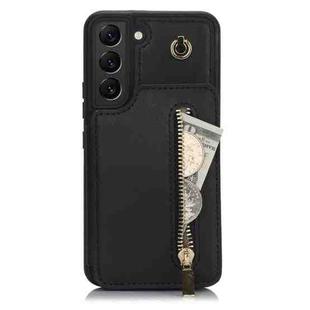 For Samsung Galaxy S22 5G YM006 Skin Feel Zipper Card Bag Phone Case with Dual Lanyard(Black)
