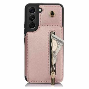 For Samsung Galaxy S22 5G YM006 Skin Feel Zipper Card Bag Phone Case with Dual Lanyard(Rose Gold)