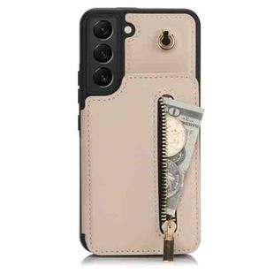 For Samsung Galaxy S22 5G YM006 Skin Feel Zipper Card Bag Phone Case with Dual Lanyard(Apricot)
