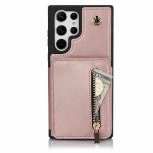 For Samsung Galaxy S22 Ultra 5G YM006 Skin Feel Zipper Card Bag Phone Case with Dual Lanyard(Rose Gold)