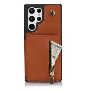 For Samsung Galaxy S22 Ultra 5G YM006 Skin Feel Zipper Card Bag Phone Case with Dual Lanyard(Brown)
