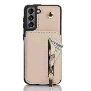 For Samsung Galaxy S21 5G YM006 Skin Feel Zipper Card Bag Phone Case with Dual Lanyard(Apricot)