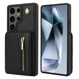 For Samsung Galaxy S25 Ultra 5G YM006 Skin Feel Zipper Card Bag Phone Case with Dual Lanyard(Black)