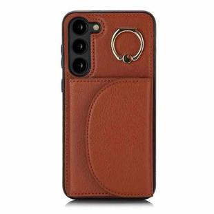 For Samsung Galaxy S23 5G YM007 Ring Holder Card Bag Skin Feel Phone Case(Brown)