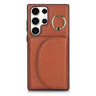 For Samsung Galaxy S23 Ultra 5G YM007 Ring Holder Card Bag Skin Feel Phone Case(Brown)