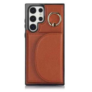 For Samsung Galaxy S22 Ultra 5G YM007 Ring Holder Card Bag Skin Feel Phone Case(Brown)