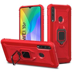 For Huawei Y6p Carbon Fiber Protective Case with 360 Degree Rotating Ring Holder(Red)