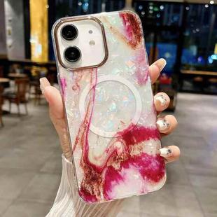 For iPhone 11 IMD Marble Acrylic Hybrid TPU Plating MagSafe Phone Case(Rose Red)