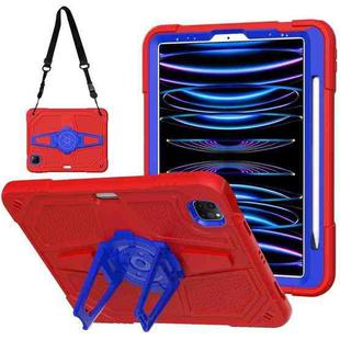 For iPad Air 2022 10.9 / Pro 11 2022 Punk Stand PC Hybrid Silicone Tablet Case with Shoulder Strap(Red Blue)