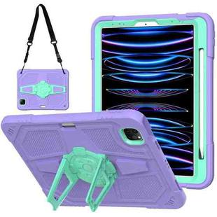For iPad Air 2022 10.9 / Pro 11 2022 Punk Stand PC Hybrid Silicone Tablet Case with Shoulder Strap(Purple Teal)