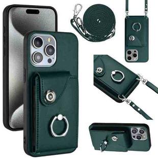 For iPhone 15 Pro Max Organ Card Bag Ring Holder Phone Case with Long Lanyard(Green)