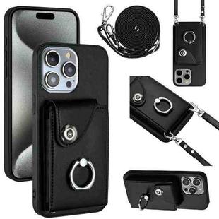 For iPhone 15 Pro Max Organ Card Bag Ring Holder Phone Case with Long Lanyard(Black)