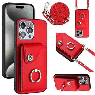 For iPhone 15 Pro Organ Card Bag Ring Holder Phone Case with Long Lanyard(Red)