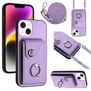 For iPhone 14 Plus Organ Card Bag Ring Holder Phone Case with Long Lanyard(Purple)