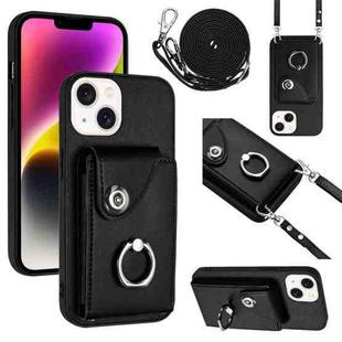 For iPhone 14 Plus Organ Card Bag Ring Holder Phone Case with Long Lanyard(Black)