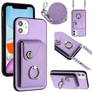 For iPhone 12 Organ Card Bag Ring Holder Phone Case with Long Lanyard(Purple)
