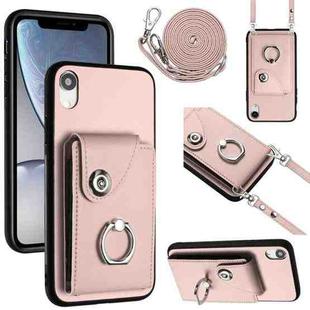 For iPhone XR Organ Card Bag Ring Holder Phone Case with Long Lanyard(Pink)