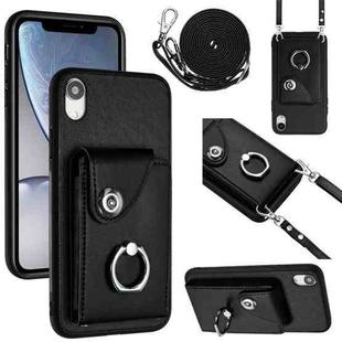 For iPhone XR Organ Card Bag Ring Holder Phone Case with Long Lanyard(Black)