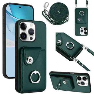 For iPhone 16 Pro Organ Card Bag Ring Holder Phone Case with Long Lanyard(Green)