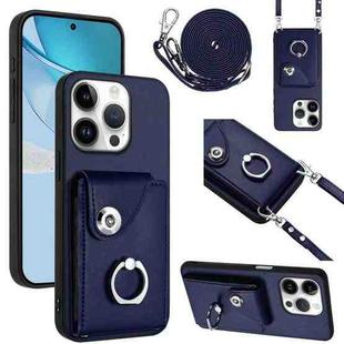 For iPhone 16 Pro Organ Card Bag Ring Holder Phone Case with Long Lanyard(Blue)