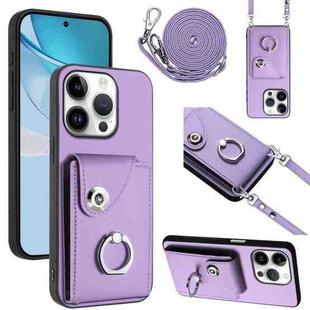 For iPhone 16 Pro Organ Card Bag Ring Holder Phone Case with Long Lanyard(Purple)