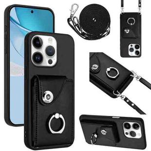 For iPhone 16 Pro Organ Card Bag Ring Holder Phone Case with Long Lanyard(Black)