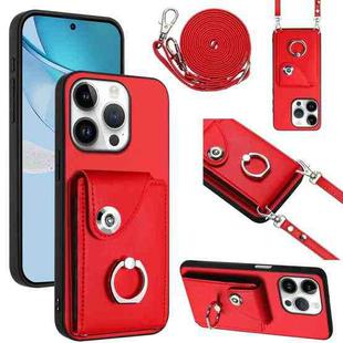 For iPhone 16 Pro Organ Card Bag Ring Holder Phone Case with Long Lanyard(Red)