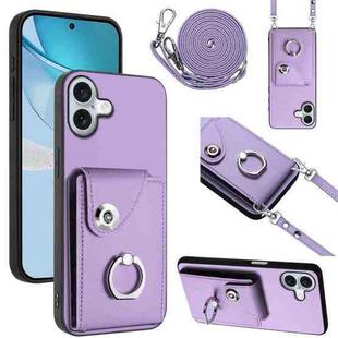 For iPhone 16 Plus Organ Card Bag Ring Holder Phone Case with Long Lanyard(Purple)