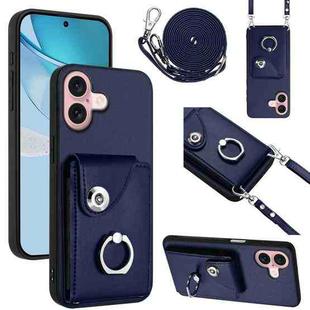 For iPhone 16 Organ Card Bag Ring Holder Phone Case with Long Lanyard(Blue)