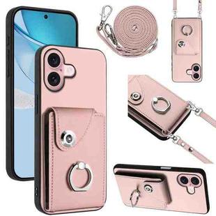 For iPhone 16 Organ Card Bag Ring Holder Phone Case with Long Lanyard(Pink)