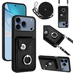 For iPhone 17 Pro Organ Card Bag Ring Holder Phone Case with Long Lanyard(Black)